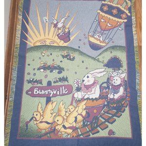 Vintage Tapestry Throw Blanket Easter Spring Bunnys Rabbits Chicks Large 72 x 48